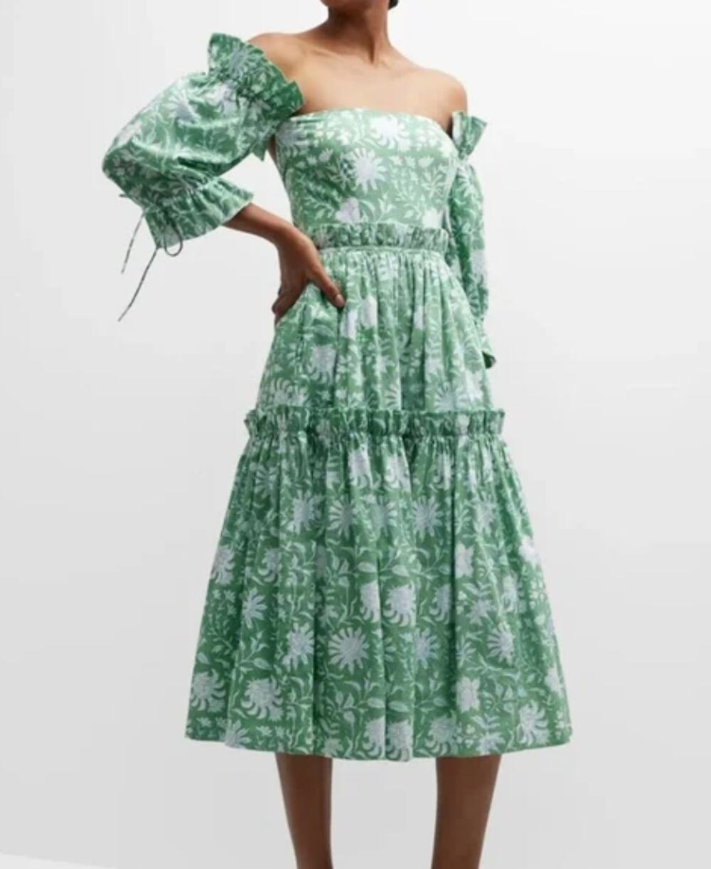 EDDY Olivia Ruffle-Trim Floral Midi Dress in Green & White Size XL NEW Milkmaid
